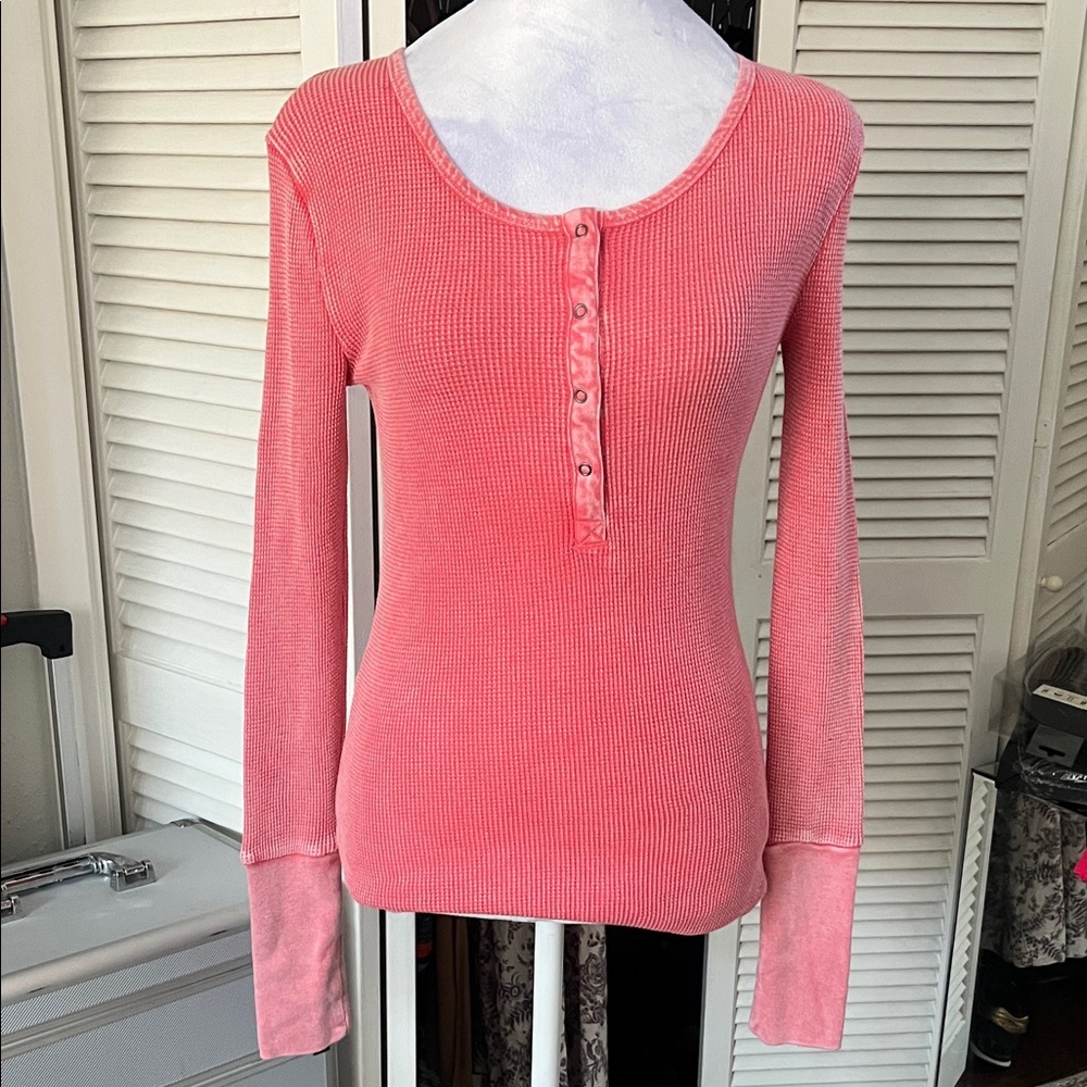 Splendid Pink Ribbed Henley Long Sleeve Top